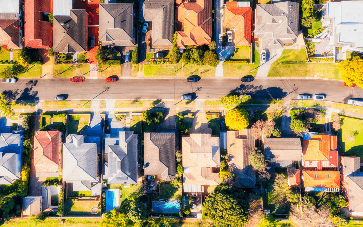 An aerial view of Australian houses, including dual key properties